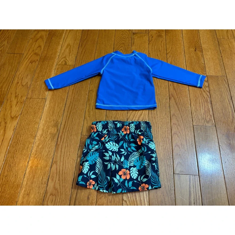 Little Me Shark Rash Guard & Cat & Jack Tropical Swim Trunks Set 18M Blue